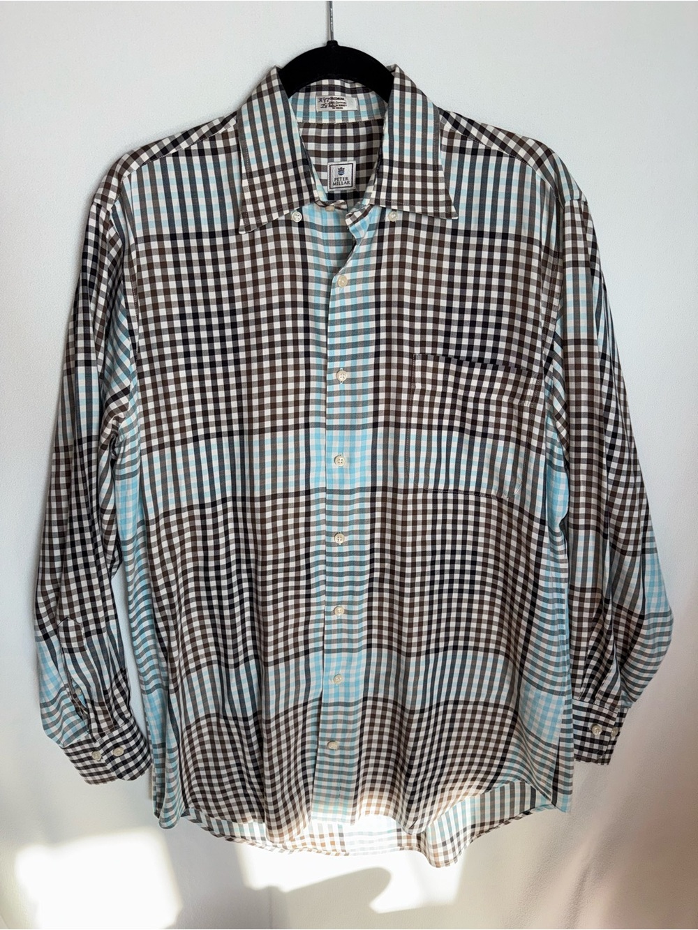 Peter Millar Men's Checkered LA Button-Up Shirt Medium - Brown & Light Blue